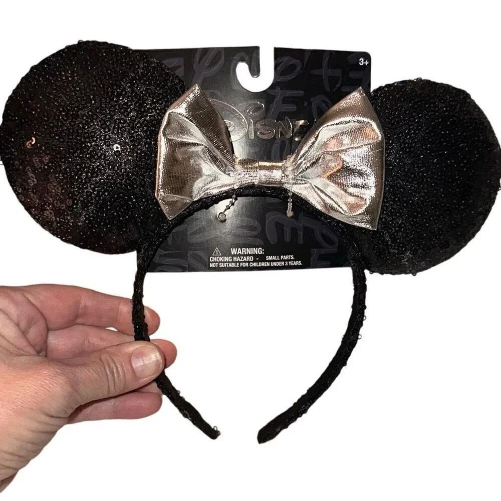 *NEW* Disney Minnie Mouse Ears Headband Black Sequined Silver Metallic Bow